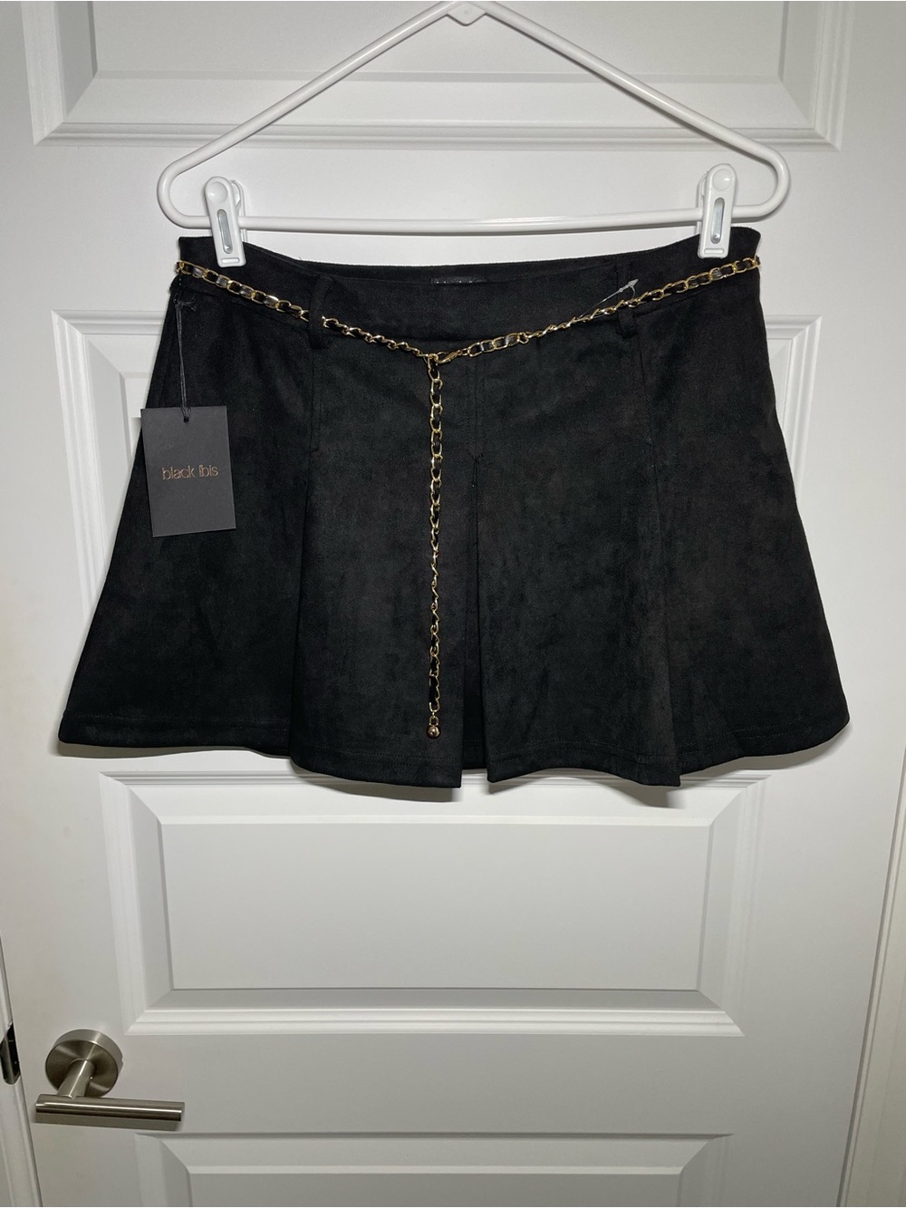 New Black Ibis L Black Mini Skirt/Skort Gold-Chain-Belt A-Line Clubwear Edgy NWT
